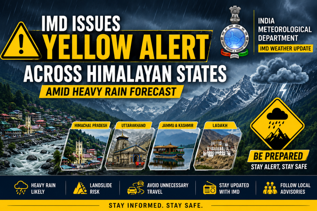 Weather conditions across northern India have started to shift really quickly, and the IMD Yellow Alert for Himalayan States has become a big deal for residents , travelers and also for local authorities. The India Meteorological Department, IMD, has now put out a yellow alert across several Himalayan belts because heavy rain could come along with thunderstorms, plus some localized landslides, over the next few days. This warning is mostly expected to hit places like Himachal Pradesh, Uttarakhand, Jammu & Kashmir and also certain sections of the north eastern hill areas. With ongoing rainfall, fast cloud movement and a pretty unstable sky setup, day to day life in a number of hilly districts may get disrupted. What Does the IMD Yellow Alert Really Mean? An IMD yellow alert is usually shared to flag that weather could be disruptive, not necessarily a full disaster. Still, it works like an early heads up, so people should stay alert, and keep a little ready mindset, especially if they live in slope areas or near drains. Per IMD, moderate to heavy rainfall may happen across parts of the Himalayan regions. Strong winds are also likely, and thunderstorms could occur in some isolated pockets. Tourists and travelers have been told to check the local weather updates before leaving for hill stations or any mountain routes, because conditions can change faster than expected. Himalayan States likely to Be Affected A few Himalayan states are being kept under close watch, since weather systems are moving in. Local authorities have begun tracking the more vulnerable locations where landslides and road blockages tend to happen during heavy rain periods. Himachal Pradesh Kayi districts in Himachal Pradesh are expected to go through continuous rainfall, so it is not just a quick shower kind of thing. Popular spots like Manali, Shimla, Dharamshala and Kullu could see some weather disruption over the next few days , you know how it usually happens. Local offices have already asked travelers not to take chances on risky mountain roads when the rain turns heavier. River water levels are being watched very closely as well. Uttarakhand Uttarakhand is still pretty sensitive whenever monsoon-related weather starts acting up. During heavy rain stretches, the state often sees landslides, road collapses, and traffic disruptions, sometimes all together. Pilgrimage routes, especially those leading toward Kedarnath, Badrinath and other Char Dham places, may get small travel interruptions if the rainfall continues to build. Better plan with extra time, because things can shift suddenly. Jammu & Kashmir Rain activity has also picked up in Jammu & Kashmir. In some districts, cooler temperatures have been felt after the recent showers. Mountain regions are under observation, because sudden shifts in weather can create travel related trouble. Tourists heading to Kashmir valleys and higher altitude areas have been told to stay careful, particularly during outdoor activities when the conditions can change fast. Possibility of Landslides and Flooding During heavy rainfall across the Himalayan belt, one major worry is landslides. When the rain keeps coming, slopes can weaken, and that is when falling rocks, mudslides, and blocked highways become more likely. In low-lying areas near rivers and streams, flood like conditions may also appear. Authorities are keeping emergency response teams on standby in zones that look vulnerable. Also, a few roads that connect remote villages might shut temporarily if the rain lasts longer. People living close to landslide-prone pockets have been asked to stay alert, because the ground there can react quickly. Impact on Tourism and Travel Tourism is among the biggest industries in the Himalayan states, especially in summer and monsoon time . Still, weather that refuses to stay stable can mess up travel plans in a big way. People planning trips to : Shimla Manali Mussoorie Nainital Srinagar Dharamshala really should keep checking weather updates, like right before they leave, not just once. Because, even train delays can happen and flight schedules might flip around, plus road traffic can get disrupted in the places where conditions turn bad. Travel specialists often suggest a few practical steps, such as: Skip night travel in hilly stretches Take emergency essentials, just in case Recheck route conditions at frequent intervals Pay attention to advisories from local administration Why Weather Conditions Are Changing Meteorologists say the present weather activity seems connected to strong western disturbances, along with monsoon moisture that moves into northern India. Together these systems can bring heavy or intense rainfall across mountainous areas. Climate experts also mention that long term climate patterns are shifting, which might be raising the odds of severe weather episodes in fragile Himalayan ecosystems. In recent years, several Himalayan states have been dealing with things like : unexpected cloudbursts flash floods heavy rainfall bouts sudden swings in temperature These events have made people worry more about infrastructure safety, and also whether disaster preparedness in mountain regions is strong enough or not. IMD Advisory for Residents The India Meteorological Department has said residents should stay careful through the alert window. People in vulnerable pockets are asked to skip unneeded moving around during the peak hours of heavy rainfall, just to be safe. During this period, the following cautions are recommended, more or less like: Stay indoors when thunderstorms are around Try not to stay near riverbanks or steep hill slopes Keep your emergency phone list ready, always Check the official weather notices regularly, and not only once Don’t drive in low visibility Local disaster management teams are also working alongside district administrations, so if anything turns urgent they can respond fast, if required. Farmers and Local Communities on Alert Weather alerts are not only for tourism. In Himalayan states these warnings directly touch farming and local incomes too. Farmers may get crop loss because of extra rain, soil erosion and waterlogging, and sometimes it happens pretty suddenly. In apple belt areas across Himachal Pradesh and Uttarakhand, growers are watching rainfall signals closely. Sudden shifts in weather can change harvest quality, so timing matters a lot. Rural communities in far off mountain regions may also see short lived connectivity troubles, especially when roads get blocked or communication gets disrupted. Also Read More About: Western Companies Returning to Russia Despite Sanctions: Why Global Businesses Are Reentering the Russian Market in 2026 ? Final Thoughts The most recent warning from the IMD points out how important it is to be prepared as climate conditions keep shifting in mountainous areas. Even if a yellow alert isn’t a sign of extreme disaster, it’s still a clear caution for residents and people traveling. With rainfall continuing over parts of northern India , authorities are staying focused on tracking at risk districts and keeping people secure. If you’re planning a visit to Himalayan destinations, keep up with updates, avoid risky travel paths, and stick to official advisories, please.