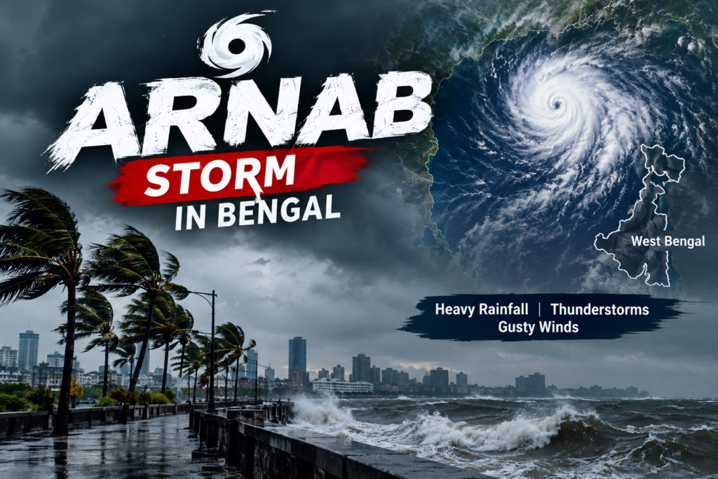 Arnab storm in Bengal brings heavy rainfall, thunderstorms and gusty winds. Read the latest West Bengal weather update, IMD warnings and safety information.